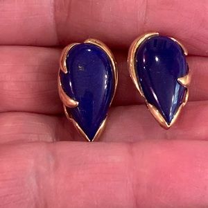 Vintage Modernist 14k Gold Lapis Lazuli Pear Shaped Cabochon Clip Earrings